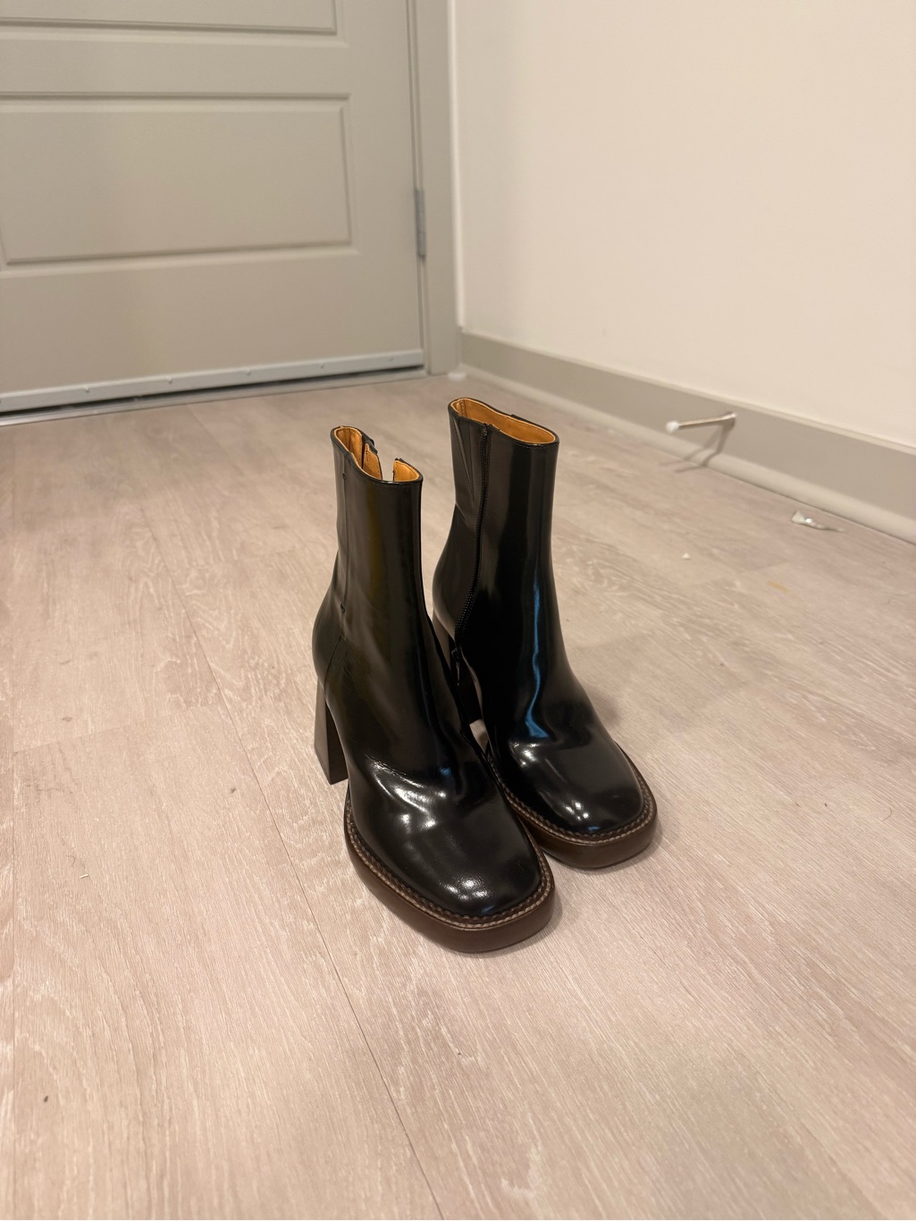 Sezane Black Patent Leather Block Heel Ankle Boots